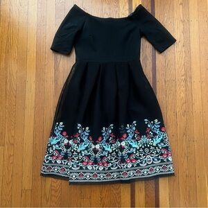 Just Me black off shoulder fit and flare scuba mesh flutes hem Fits like a M EUC